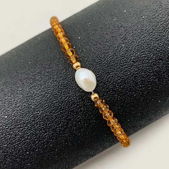 Freshwater Pearl Bracelet,Yellow Bracelet,Pearl and Yellow Glass Beads Bracelet - Picture 1 of 1